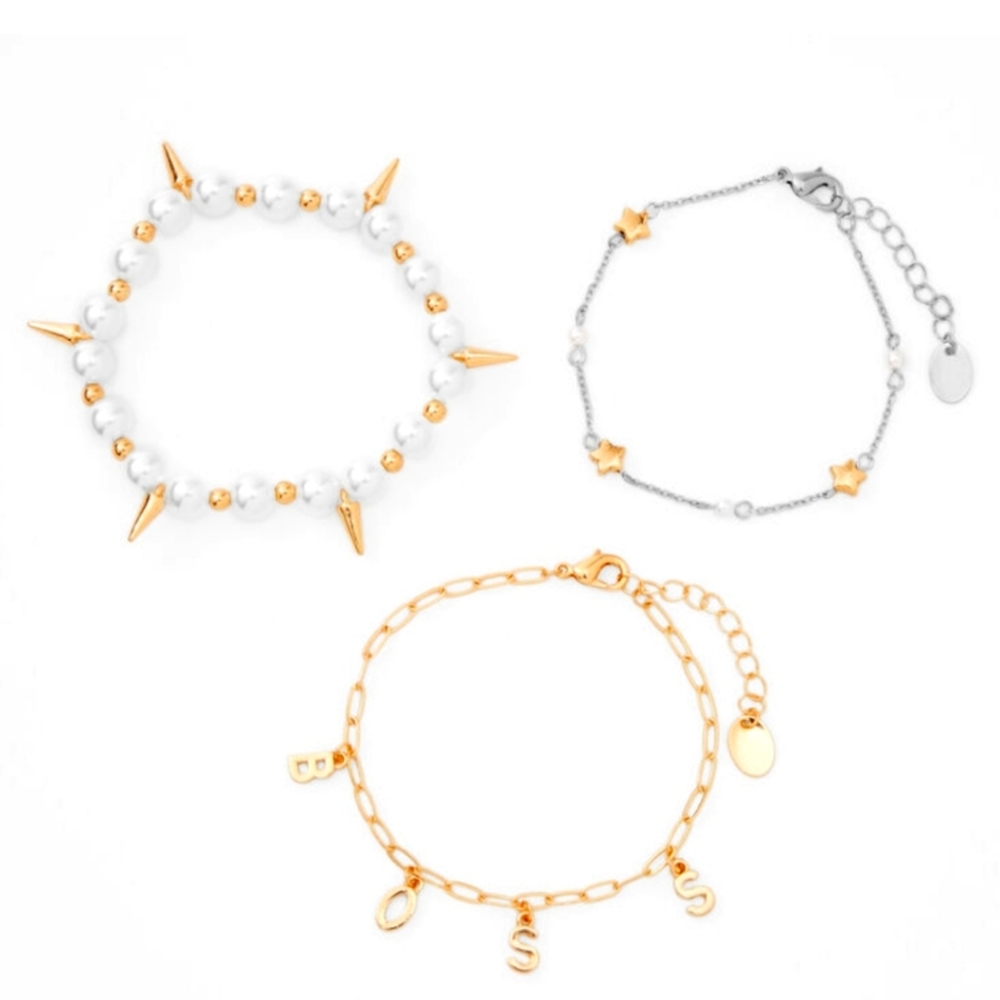 GOLD & PEARL BOSS BRACELETS - 3 PACK